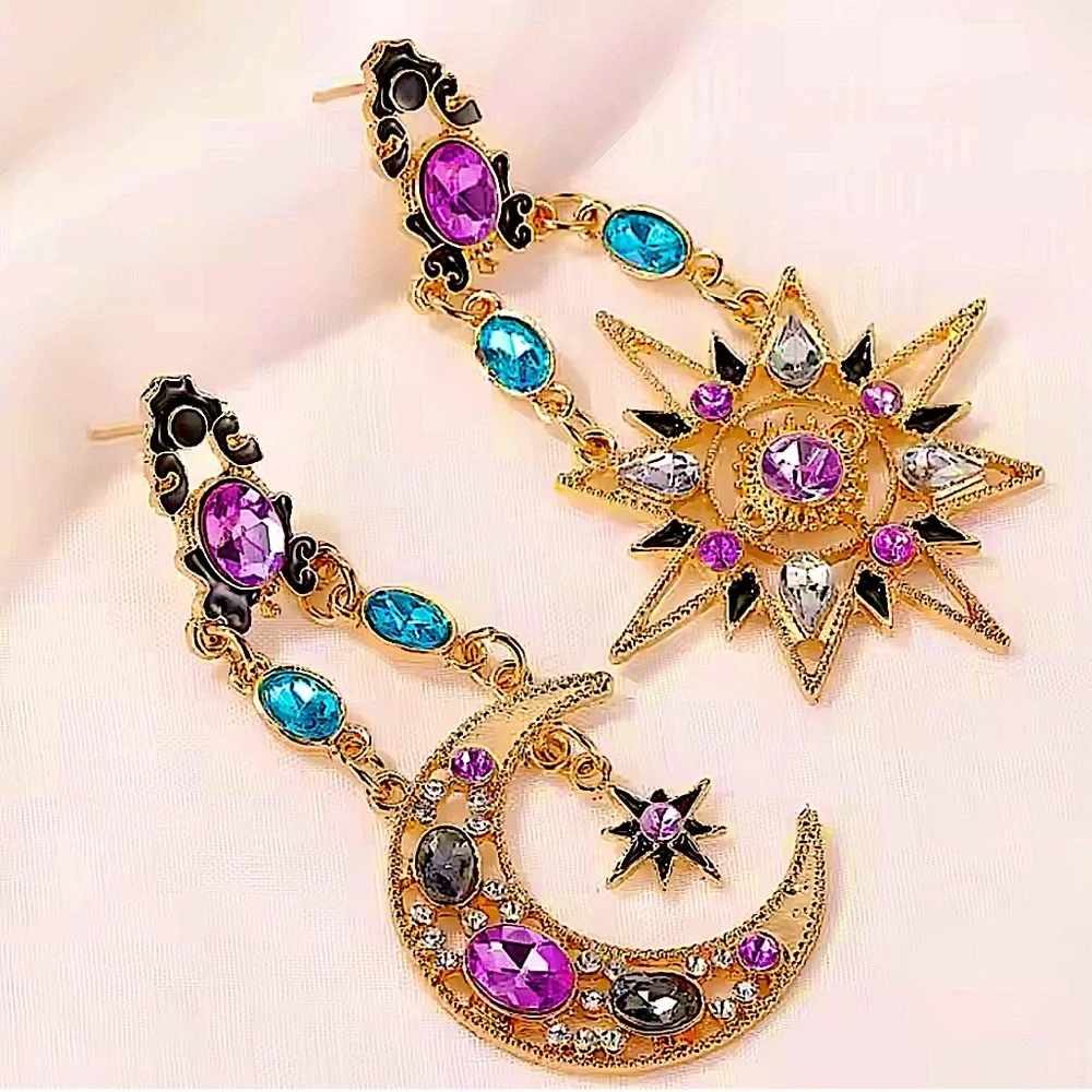 Celestial Moon Star Gold Plated Dangle Earrings Statement accent Stones - Picture 3 of 14